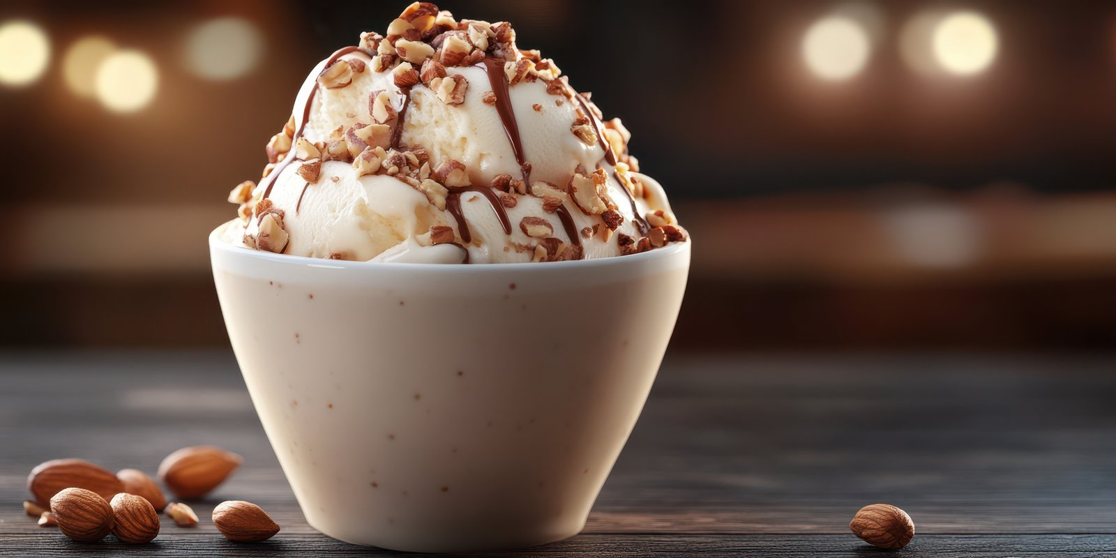 Delightful dessert topped with crunchy nuts served in a white bowl on a wooden table during evening hours